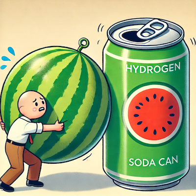 ChatGPT generated cartoon icon illustrating the difficulty of storing hydrogen, symbolized by a character trying to fit a watermelon into a soda can.