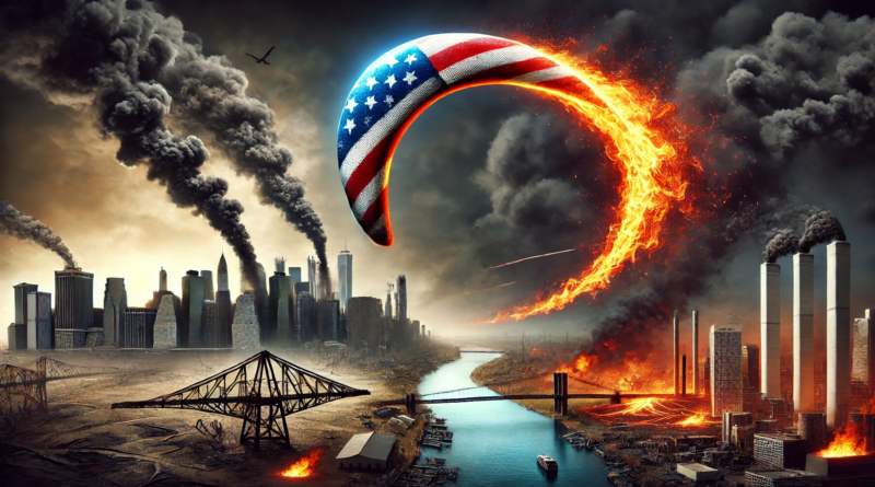 ChatGPT generated panoramic image of the flaming boomerang painted with the American flag, soaring back toward economic and environmental destruction.