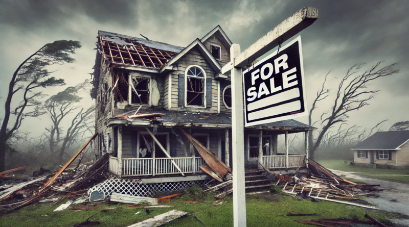 ChatGPT generated panoramic image of a weather-damaged home with a "For Sale" sign, illustrating the impact of rising insurance costs and climate-related property devaluation