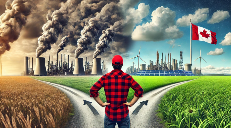 ChatGPT generated panoramic image of a Canadian wearing a red flannel shirt at a cross roads