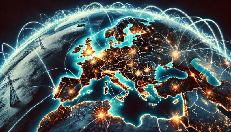 ChatGPT generated panoramic image of Europe with glowing and fragmented transmission lines, symbolizing the continent's interconnected yet fragile energy infrastructure