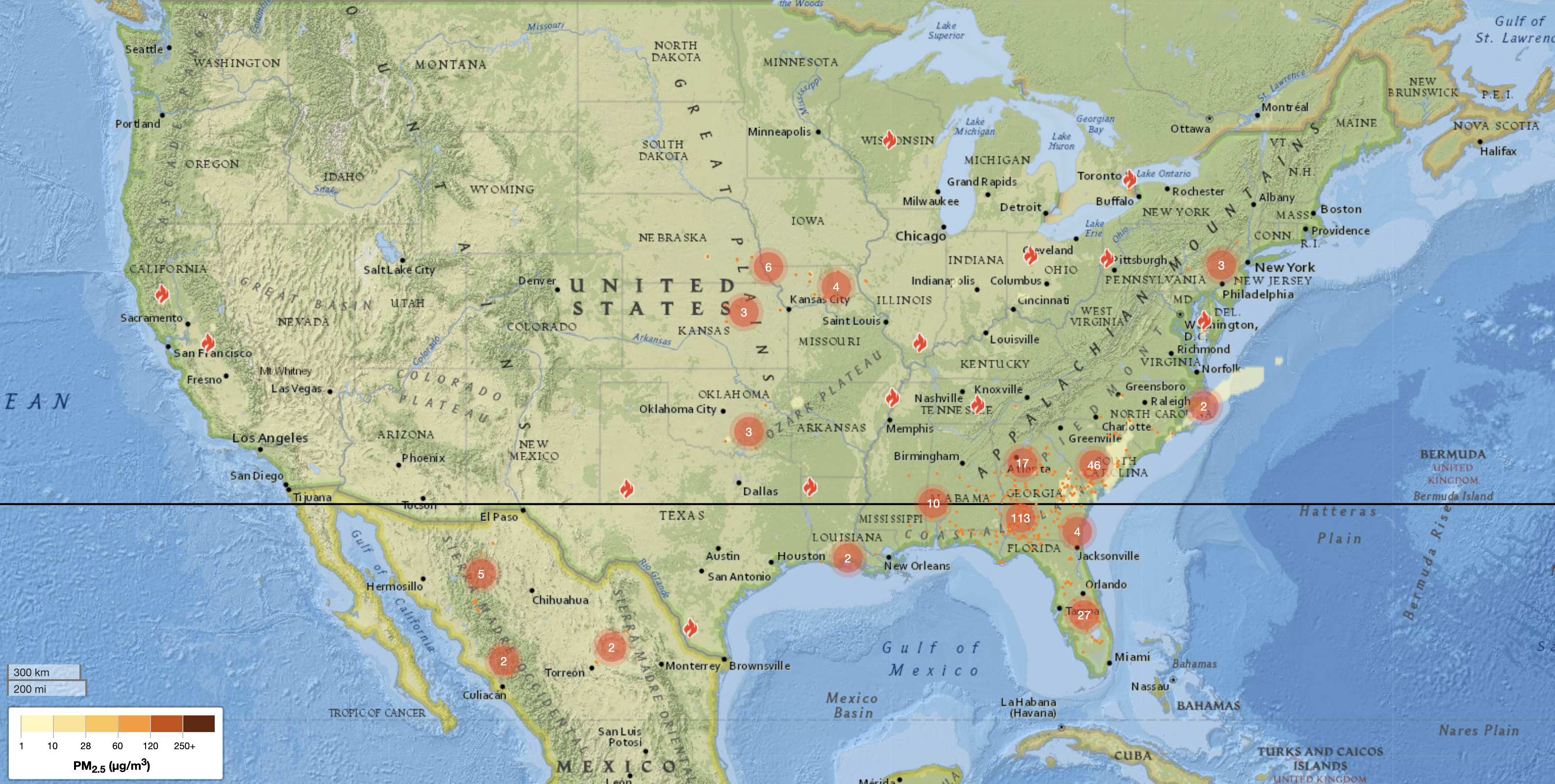 Map of current North American wildfires courtesy of FireSmoke.ca