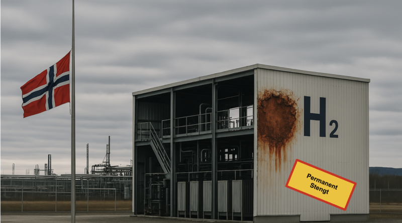 ChatGPT generated image of a Norwegian hydrogen facility with the flag at half mast and a permanently closed sign