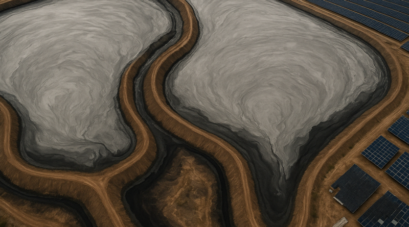 ChatGPT generated overhead image showing massive coal ash ponds, vividly contrasting the minimal scale of solar panel waste
