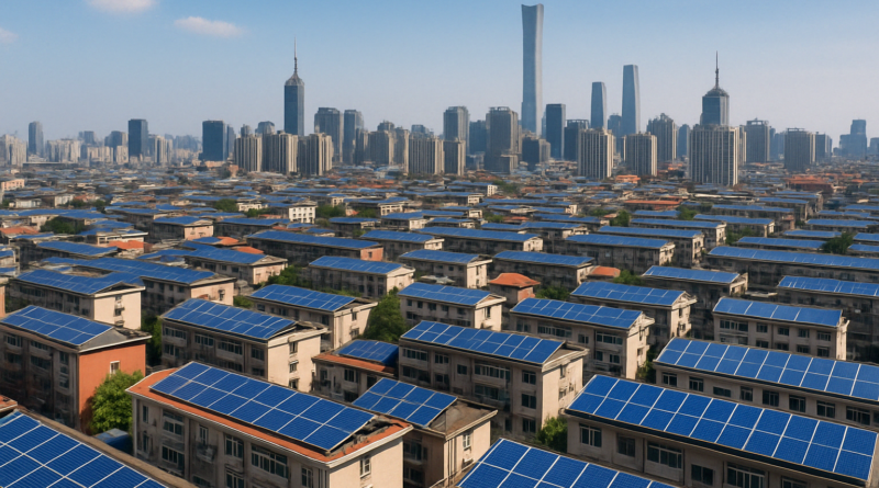 ChatGPT generated panoramic aerial image of a major Chinese city skyline filled with rooftop solar installations