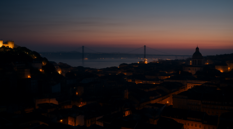 ChatGPT generated panoramic image of Lisbon at dawn, showing city lights gradually returning after a blackout, symbolizing successful restoration and hope