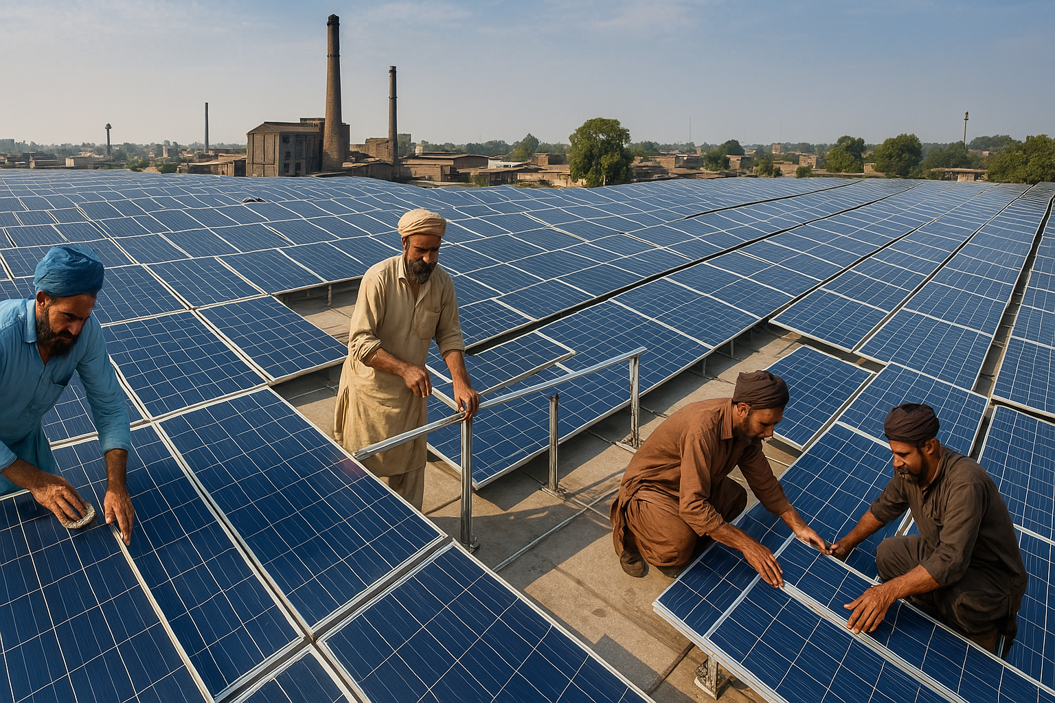 ChatGPT generated panoramic Photo of a Pakistani factory rooftop covered in solar panels Including workers in traditional dress handling solar infrastructure