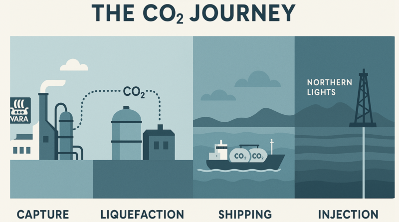 ChatGPT generated create a panoramic Stylized infographic-style panorama showing the full CO₂ journey: capture, liquefaction, shipping, injection