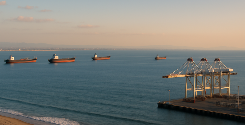ChatGPT generated landscape image of empty container ships anchored offshore near Long Beach, symbolizing disrupted trade flows and idle port activity