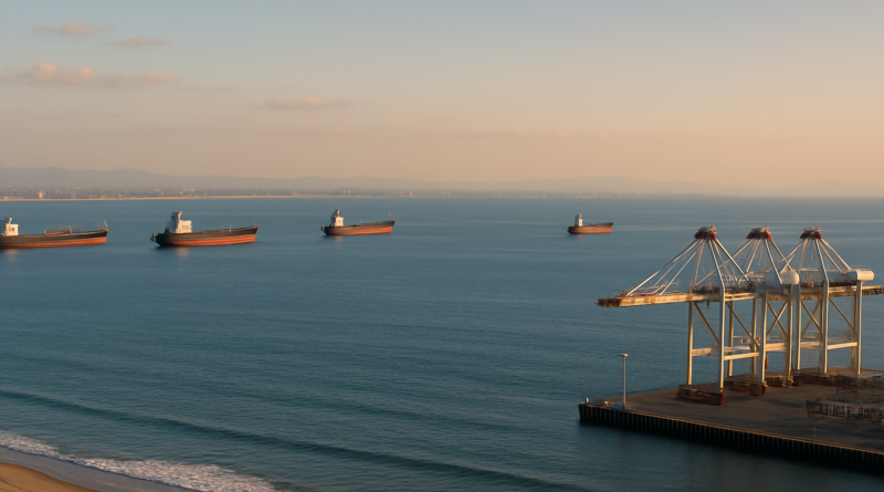 ChatGPT generated landscape image of empty container ships anchored offshore near Long Beach, symbolizing disrupted trade flows and idle port activity