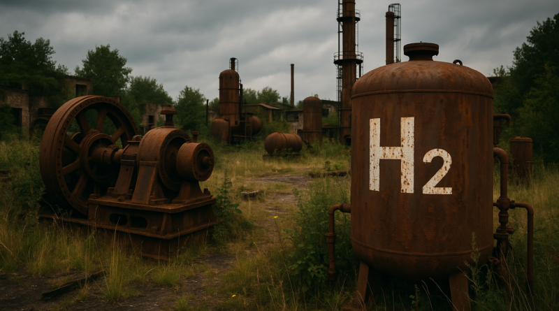 ChatGPT generated this image of rusting industrial equipment labeled "H2" in an overgrown landscape, symbolizing the risk of stranded assets in the hydrogen economy