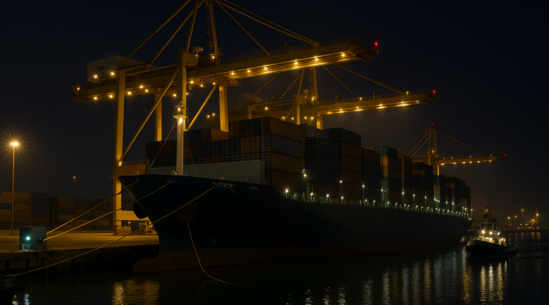 ChatGPT generated this panoramic night shot of a docked container ship seamlessly connected to shore power, with sleek electric tugboats and cranes softly illuminated against the calm harbor water, embodying the quiet efficiency of a zero-emission port