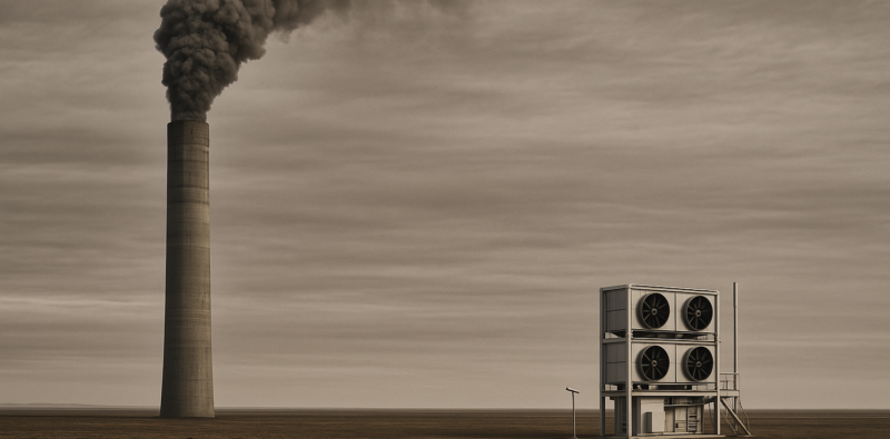 ChatGPT generated this panoramic illustration to contrast the scale of emissions from a massive industrial smokestack with the minuscule impact of a single DAC unit—highlighting the vast mismatch between carbon sources and current removal efforts