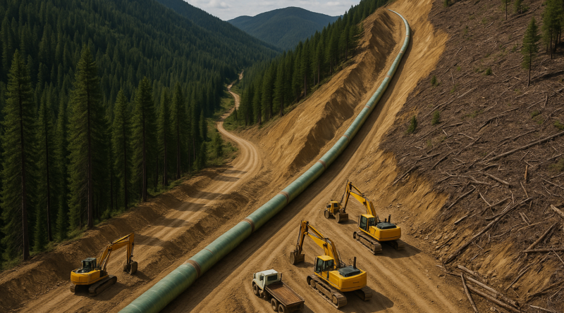 ChatGPT created photorealistic aerial image of the TMX pipeline construction cutting through rugged terrain, capturing the scale and engineering complexity that contributed to the project's cost overruns