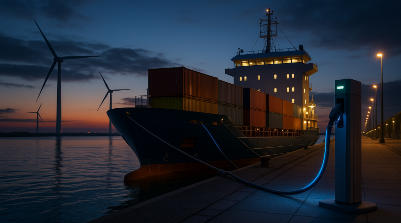 ChatGPT generated this twilight harbor scene of a 2,000 TEU electric feeder ship drawing power from a shore-side charger while offshore wind turbines spin in the fading light