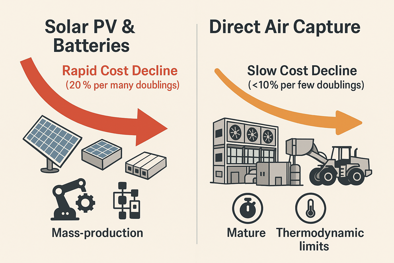 ChatGPT generated this infographic to compare cost reduction trends between solar PV and batteries—driven by mass production—and the much slower trajectory of direct air capture, limited by mature technology and thermodynamic constraints