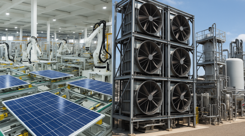 ChatGPT generated this image to contrast the highly modular, automated production of solar panels with the capital-intensive, large-scale infrastructure required for direct air capture—highlighting why DAC cannot follow the same rapid cost-decline path as PV manufacturing
