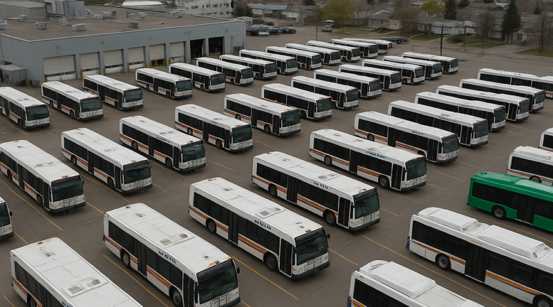 ChatGPT generated this panoramic aerial view of the Saskatoon Transit Depot, highlighting the dominance of diesel buses and the emerging presence of electric models amid infrastructure transition challenges