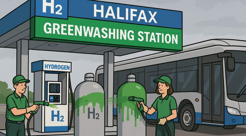 ChatGPT generated humorous illustration depicting a "Greenwashing Station," satirically highlighting Halifax's hydrogen bus initiative, complete with attendants spraying green paint onto grey hydrogen tanks