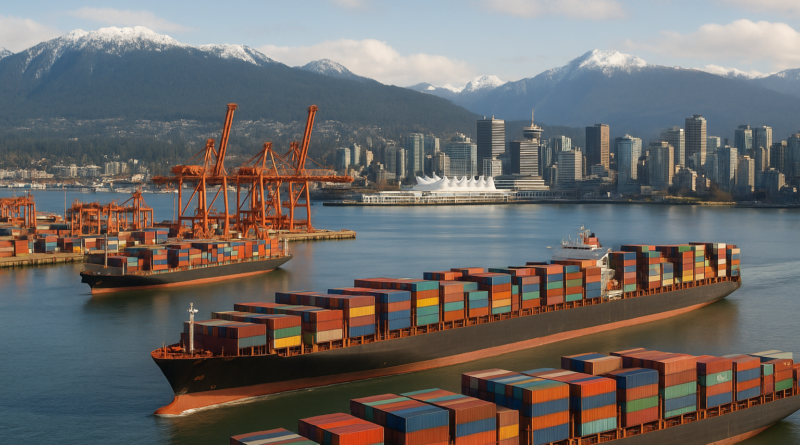 ChatGPT generated image of container ships navigating Vancouver’s port, symbolizing Canada’s economic resilience amid U.S. trade tensions and Carney’s pivot to new global markets