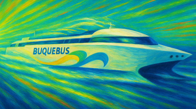 ChatGPT generated impressionistic rendering of the China Zorrilla, a sleek electric Buquebus ferry, capturing its vibrant motion and clean energy future across the Río de la Plata