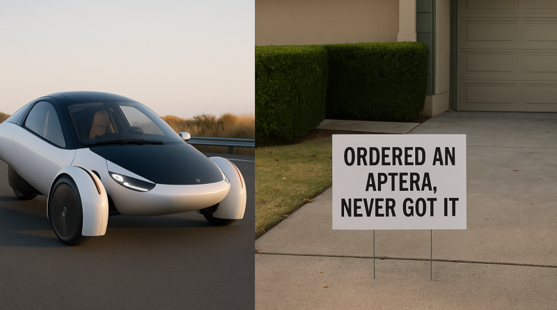 ChatGPT generated image comparing the sleek Aptera prototype rendering with an empty driveway and a sign that reads "Ordered an Aptera, never got it"