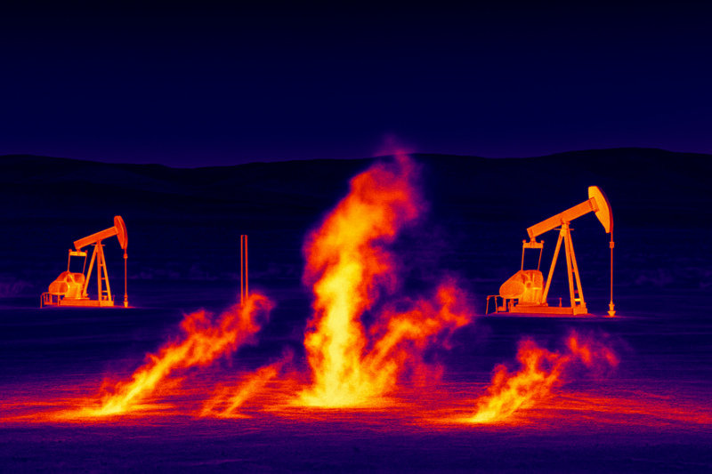ChatGPT generated a thermal infrared visualization of CO₂ plumes escaping from underground injection points at night, symbolizing the hidden leakage risks of long-term sequestration