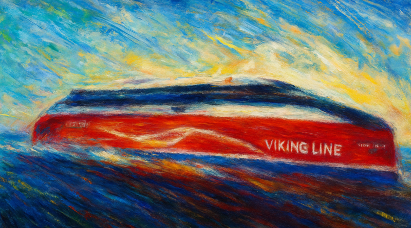 ChatGPT generated this impressionistic rendering of the Viking Line Helios electric ferry, capturing its futuristic design and the sense of speed as it powers through the sea