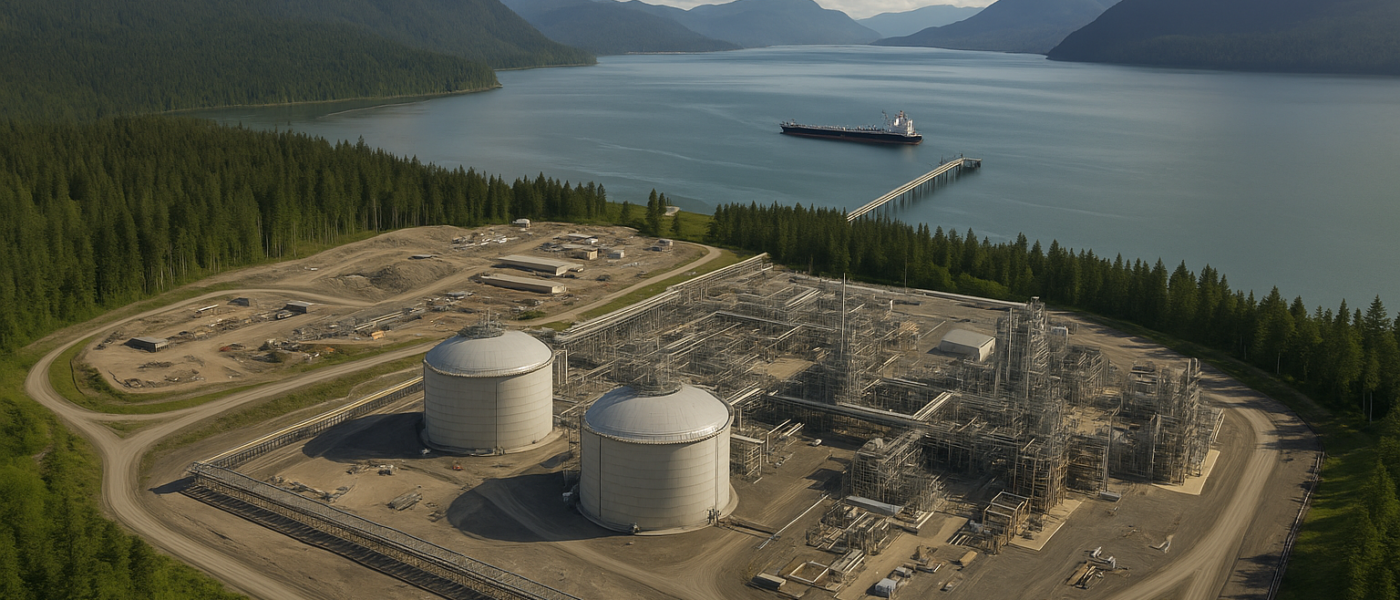 ChatGPT generated panoramic aerial of LNG Canada’s Kitimat facility on British Columbia’s coast, illustrating the scale and setting of Canada’s new LNG export terminal
