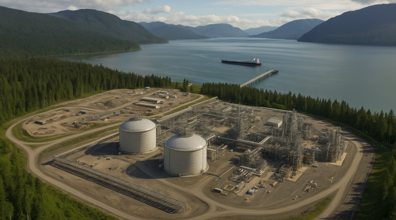 ChatGPT generated panoramic aerial of LNG Canada’s Kitimat facility on British Columbia’s coast, illustrating the scale and setting of Canada’s new LNG export terminal