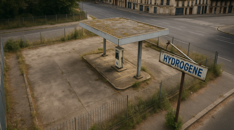 ChatGPT generated panoramic aerial of an abandoned hydrogen fueling station in Paris, its cracked pavement, overgrown weeds, and tilted sign marking the end of a failed vision