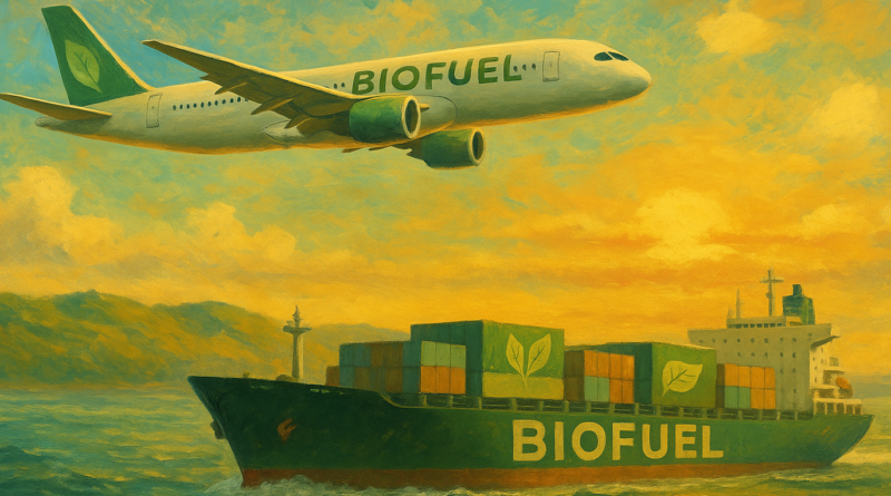ChatGPT generated this evocative painting of a future where biofuels power both aviation and shipping, highlighting their role in decarbonizing long-distance transport