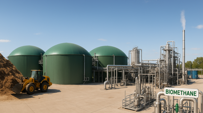 ChatGPT generated this panoramic image of a modern biomethane production facility, illustrating the infrastructure needed to scale up electrified biomethane DRI steelmaking