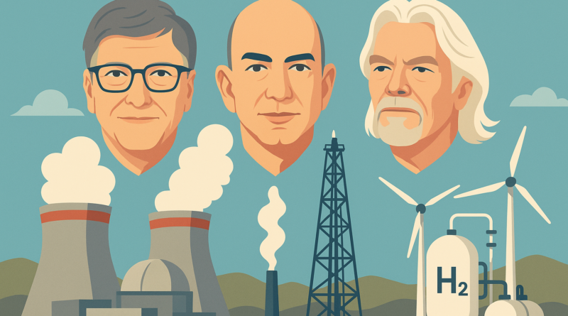ChatGPT generated illustration showing Gates, Bezos, and Branson looming over nuclear, geothermal, and hydrogen infrastructure—symbolizing Breakthrough Energy’s enduring bias toward firm, capital-intensive energy solutions
