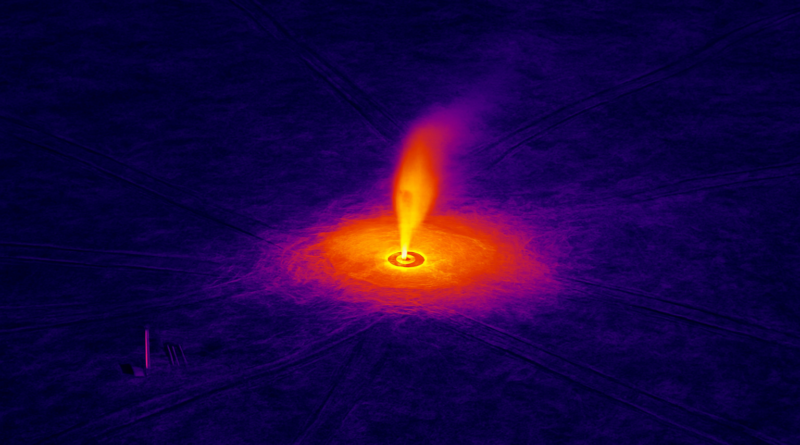 ChatGPT generated a thermal infrared drone image showing methane leaking from an abandoned well as a vivid red-orange plume against a dark purple terrain