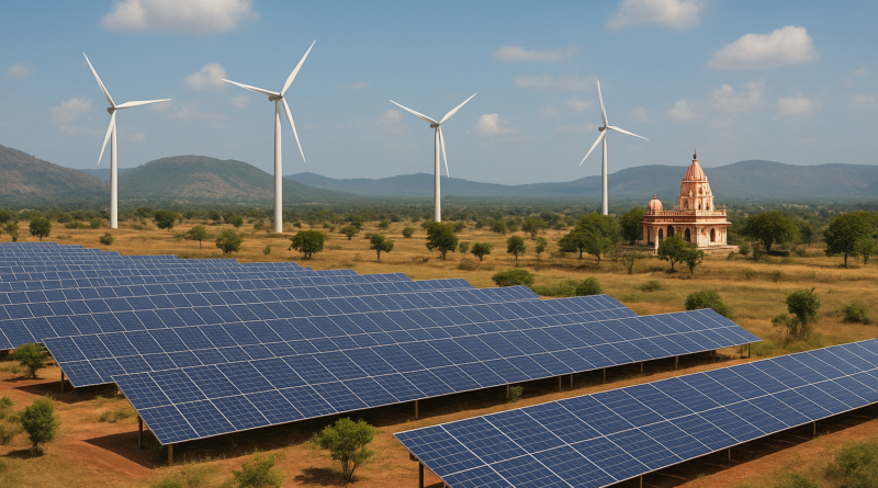 ChatGPT generated this panoramic image of wind turbines and solar panels spanning a rural Indian landscape, complete with a traditional temple to signify its location
