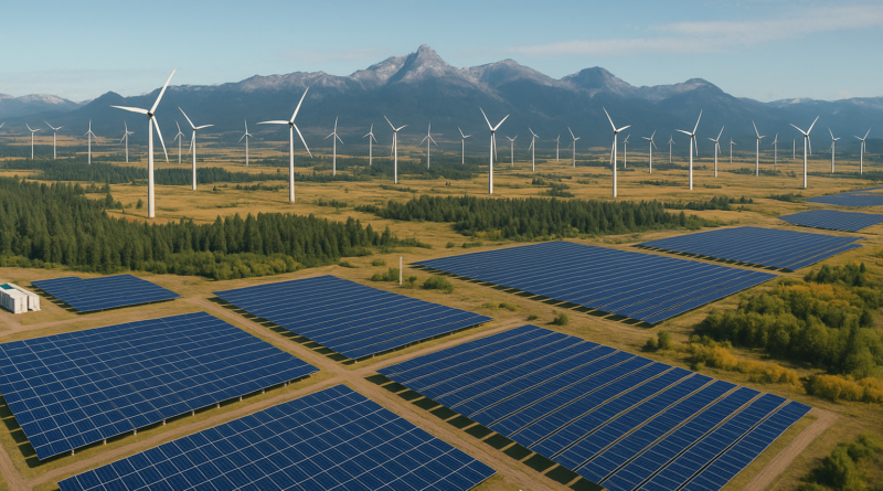 ChatGPT generated this panoramic image of expansive Canadian wind and solar farms, illustrating large-scale renewable energy integration across diverse landscapes