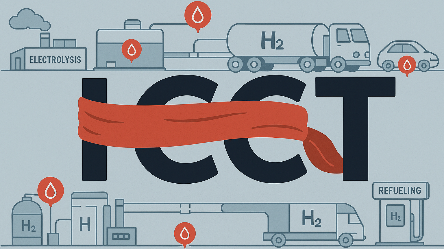ChatGPT generated this panoramic infographic illustrating hydrogen leakage points across the supply chain, with a blindfolded "ICCT" symbolizing overlooked emissions