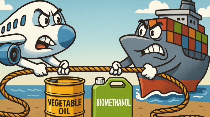 ChatGPT generated this panoramic caricature of the aviation vs. shipping fuel tug-of-war, with an angry airplane and cargo ship battling over barrels of vegetable oil and biomethanol