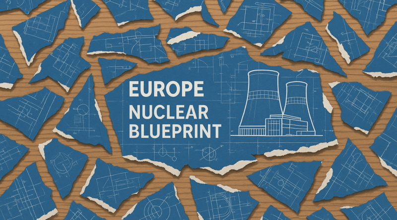 ChatGPT generated a panoramic illustration of Europe's nuclear "blueprint" torn into disorganized fragments, symbolizing fragmented planning and lack of standardization