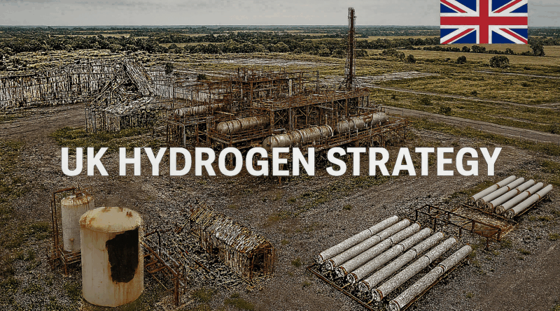 ChatGPT generated this panoramic aerial image of a decaying hydrogen facility labeled “UK Hydrogen Strategy,” featuring rusting infrastructure, collapsed buildings, and a large ruptured tank—symbolizing the gap between political ambition and economic reality
