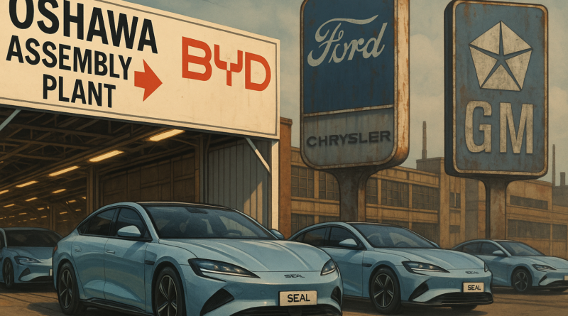 ChatGPT generated this panoramic illustration of sleek BYD Seal sedans rolling off the Oshawa Assembly Plant line, set against rusting relics of the Big Three's faded glory.