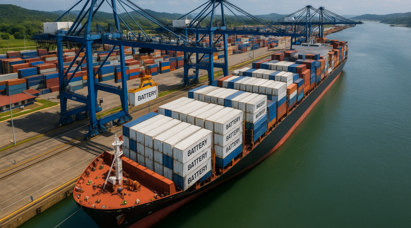 ChatGPT generated: A high-resolution aerial photograph of the Panama Canal shows a large container ship at dock, where cranes are actively swapping battery-labeled containers
