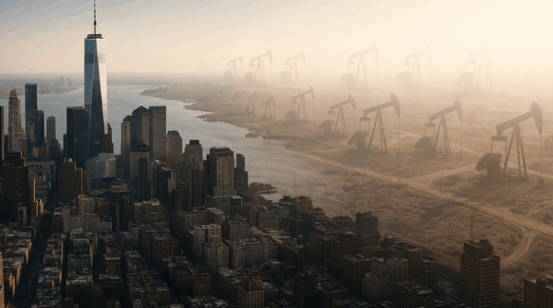 ChatGPT generated panoramic aerial image showing Lower Manhattan fading into a ghosted oil field, symbolizing Wall Street’s retreat from fossil fuel investments