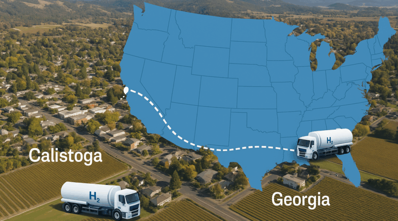 ChatGPT generated panoramic aerial illustration of Calistoga with hydrogen trucks arriving, overlayed with a supply chain route traced from Georgia to California