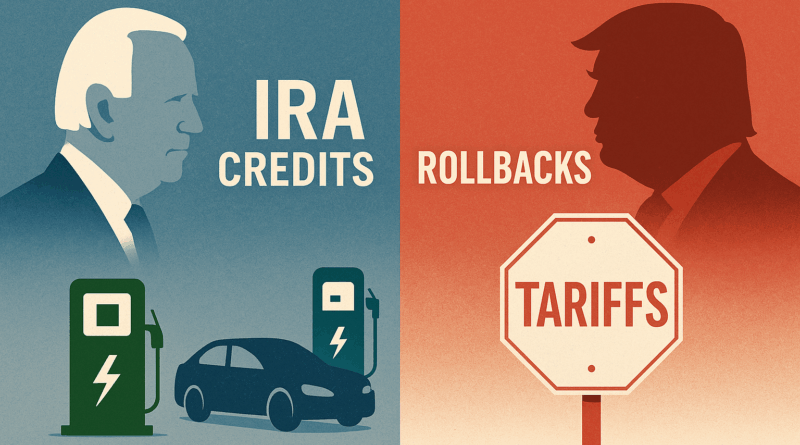 Panoramic split image – left side showing Biden-era pro-EV policy icons (IRA credits, charging stations), right side showing Trump-era policy rollbacks and tariffs