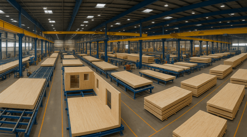 ChatGPT generated panoramic rendering of a Canadian CLT modular factory floor, with panels and modules moving on automated lines, showcasing advanced timber manufacturing