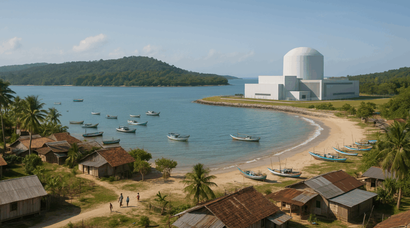 ChatGPT generated panoramic rendering of Kelasa Island, showing a digitally imposed nuclear plant on the shoreline in stark contrast with the surrounding fishing village and community life