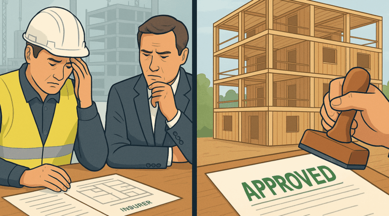 ChatGPT generated panoramic illustration showing the contrast between insurance and code bottlenecks on the left and smooth approval of a mass timber project on the right