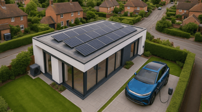 ChatGPT generated this panoramic aerial image of a smart home in a British village, featuring rooftop solar panels, a heat pump, and a BYD EV charging in the driveway